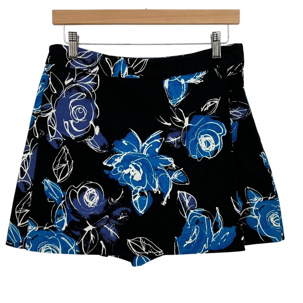 Cache Skort Womens 10 Black Blue Floral Rose Wrap Front Side Zip Y2K USA Retro